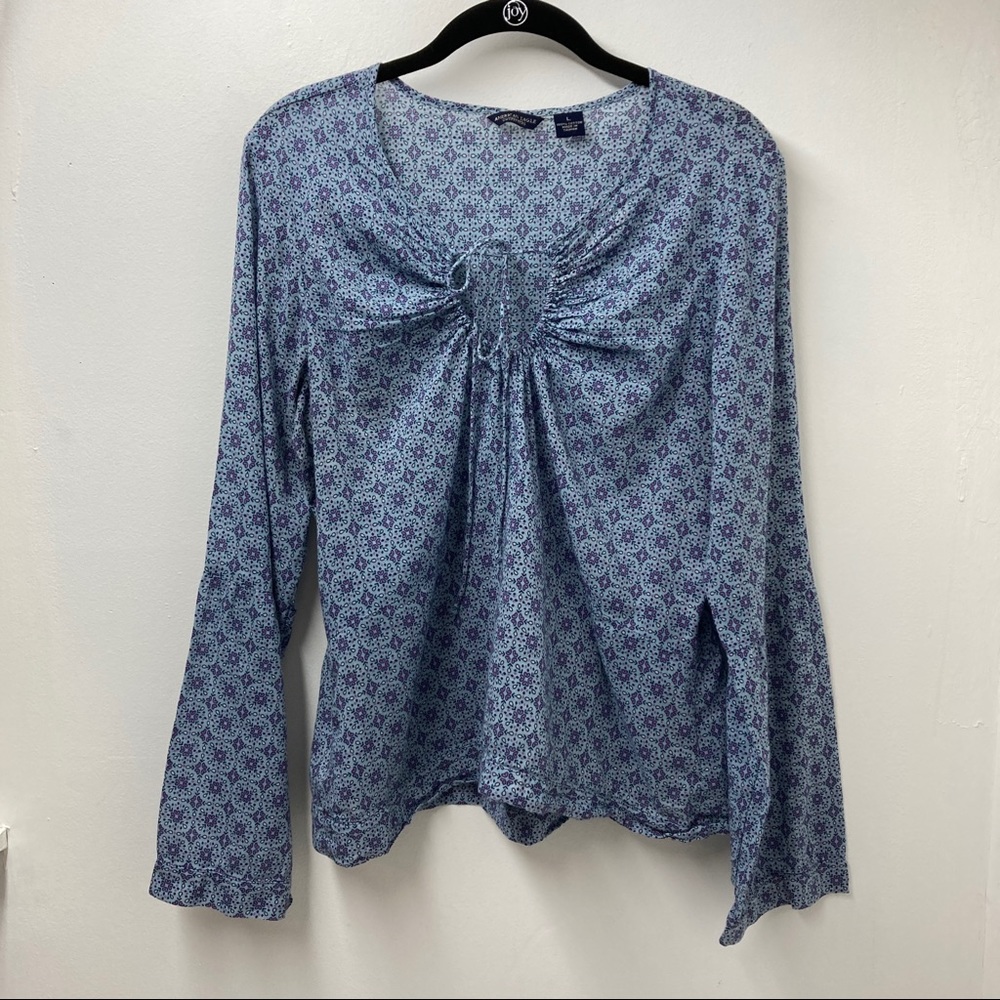 American Eagle Blue Printed Long Sleeve Lightweight Boho Top Size L